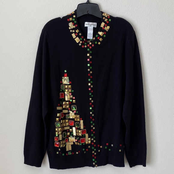 drapers & damons Sweaters - Festive Black Cardigan with Gold and Red Accents